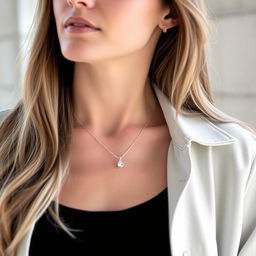 A stylish woman wearing a simple yet elegant necklace, featuring a delicate chain with a small, shiny pendant