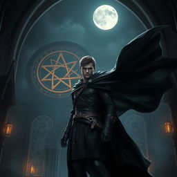 An epic fantasy scene featuring a 25-year-old male warrior standing in a dark, gothic setting under a full moon