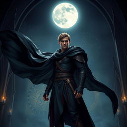 An epic fantasy scene featuring a 25-year-old male warrior standing in a dark, gothic setting under a full moon