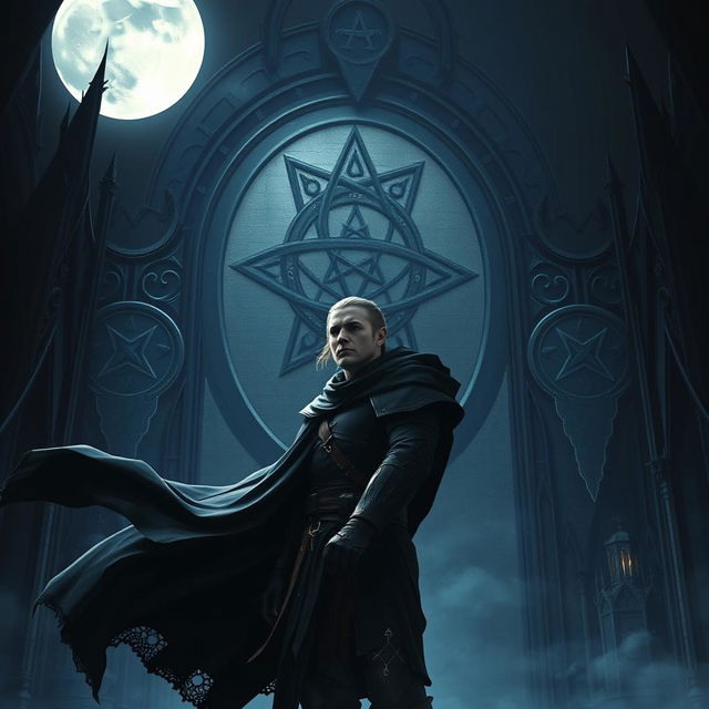 An epic fantasy scene featuring a 25-year-old male warrior standing in a dark, gothic setting under a full moon