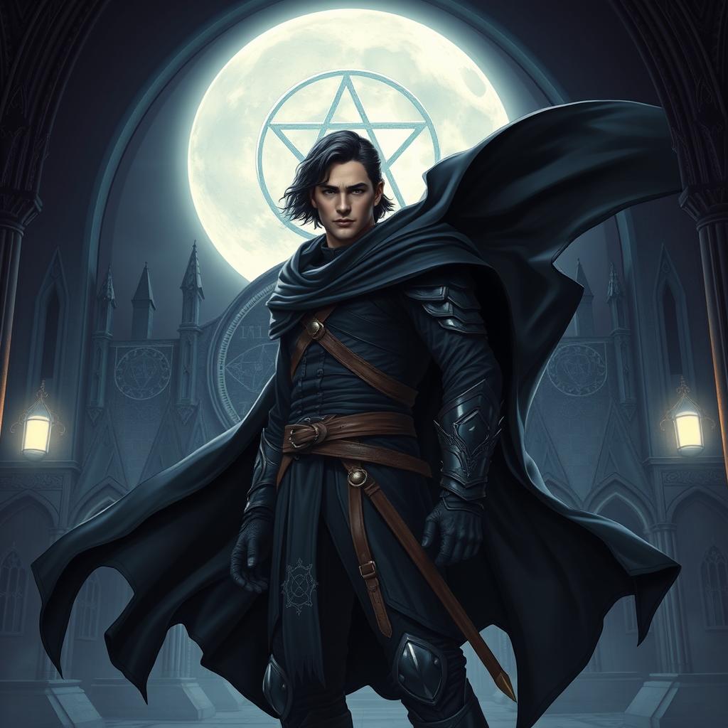 An epic fantasy scene featuring a 25-year-old male warrior standing in a dark, gothic setting under a full moon