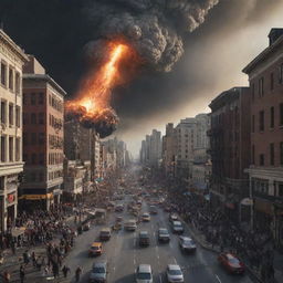 A chaotic scene in the previously bustling cityscape as a colossal 100-meter meteor plunges from the sky. Panicked crowds are running for their lives, fleeing from the impending disaster.