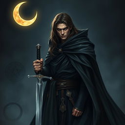 A dark and gothic epic fantasy scene featuring a 25-year-old male warrior cloaked in a flowing black cape