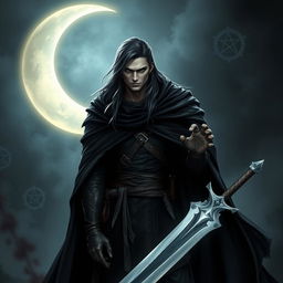 A dark and gothic epic fantasy scene featuring a 25-year-old male warrior cloaked in a flowing black cape