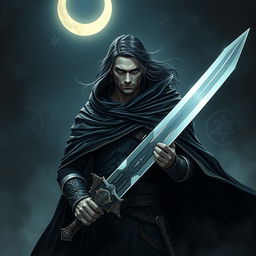 A dark and gothic epic fantasy scene featuring a 25-year-old male warrior cloaked in a flowing black cape