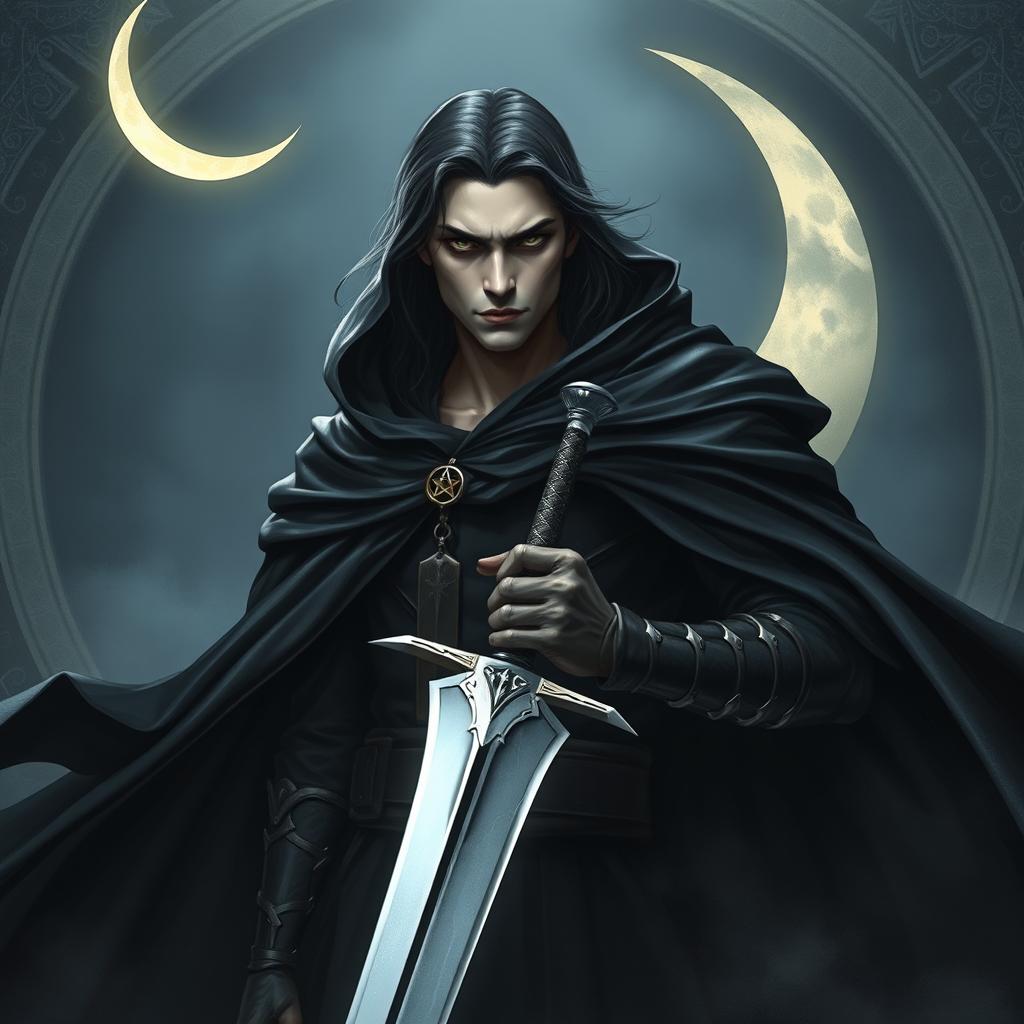 A dark and gothic epic fantasy scene featuring a 25-year-old male warrior cloaked in a flowing black cape