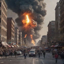 A chaotic scene in the previously bustling cityscape as a colossal 100-meter meteor plunges from the sky. Panicked crowds are running for their lives, fleeing from the impending disaster.