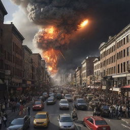 A chaotic scene in the previously bustling cityscape as a colossal 100-meter meteor plunges from the sky. Panicked crowds are running for their lives, fleeing from the impending disaster.