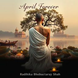 A book cover design set at dusk featuring the back of a slender woman with a shaven head, wearing a flowing white sari that drapes elegantly over her bare shoulders