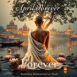 A book cover design set at dusk featuring the back of a slender woman with a shaven head, wearing a flowing white sari that drapes elegantly over her bare shoulders