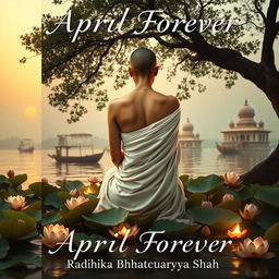 A book cover design set at dusk featuring the back of a slender woman with a shaven head, wearing a flowing white sari that drapes elegantly over her bare shoulders