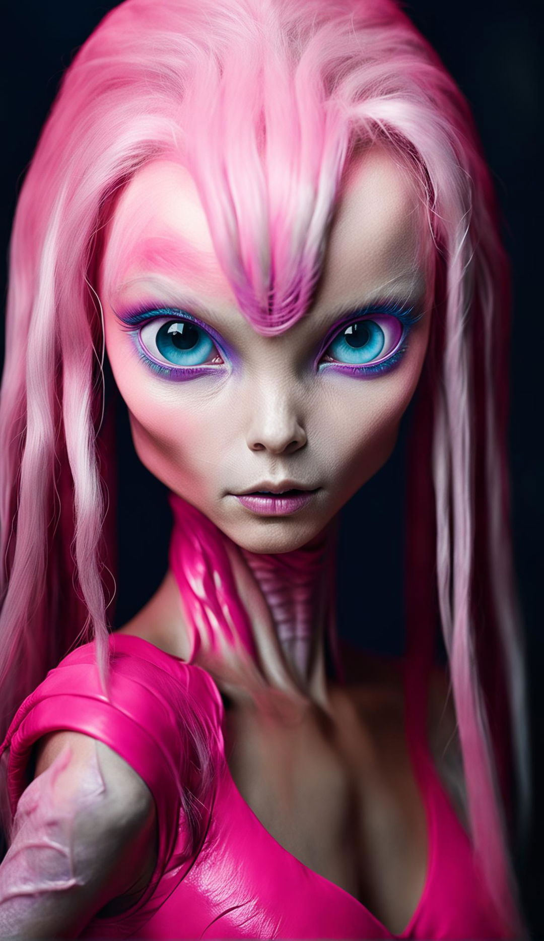 High-resolution photograph of an alien with large eyes, long dark eyelashes, neon pink skin, and a neon purple wig, taken with a Canon EOS 5DS and an 85mm f/1.2 lens.