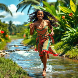 A sexy and busty African village girl running joyfully towards a picturesque stream