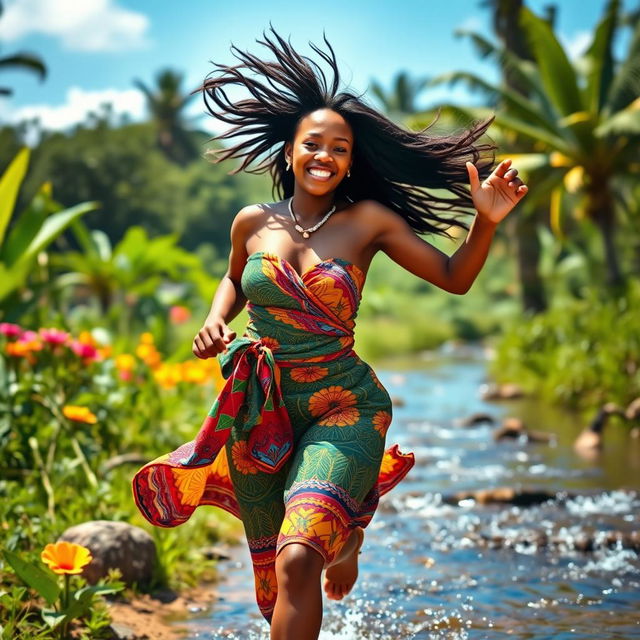 A sexy and busty African village girl running joyfully towards a picturesque stream