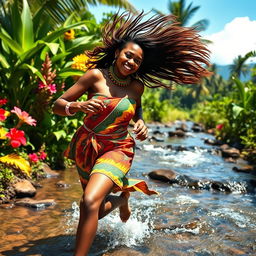 A sexy and busty African village girl running joyfully towards a picturesque stream