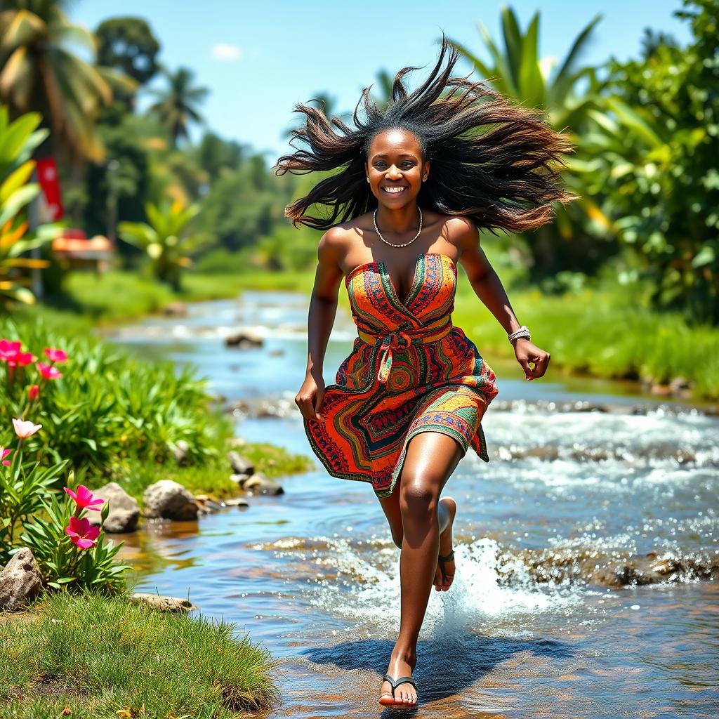 A sexy and busty African village girl running joyfully towards a picturesque stream