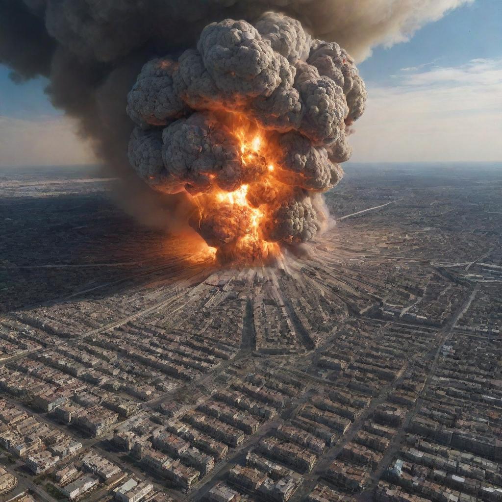 The once bustling city is dramatically transformed as a 100-meter meteor strikes, causing a mammoth explosion stretching across a 1000-kilometer radius. Shockwaves are visible emanating from the epicenter of the city.