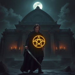 An epic fantasy scene featuring a 25-year-old male warrior standing in front of an ancient temple under a full moon