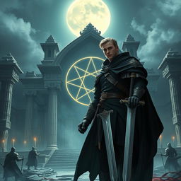 An epic fantasy scene featuring a 25-year-old male warrior standing in front of an ancient temple under a full moon