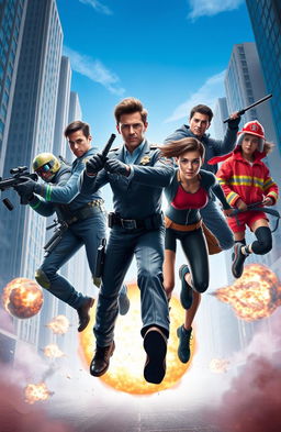 A dynamic action scene featuring six diverse characters in distinct uniforms, engaged in a thrilling adventure