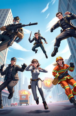 A dynamic action scene featuring six diverse characters in distinct uniforms, engaged in a thrilling adventure