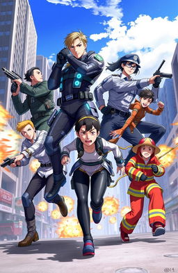 A dynamic action scene featuring six diverse characters in distinct uniforms, engaged in a thrilling adventure