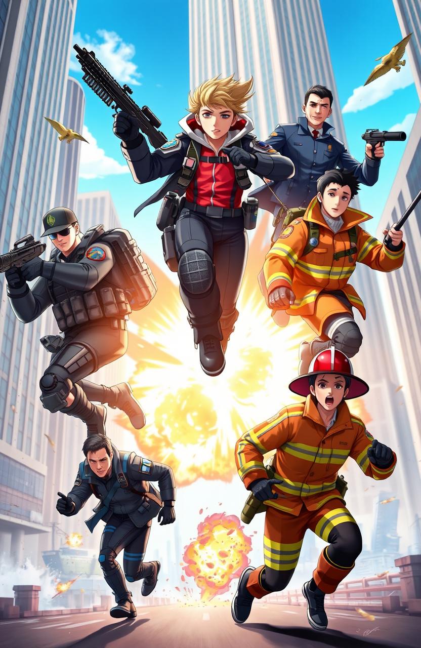 A dynamic action scene featuring six diverse characters in distinct uniforms, engaged in a thrilling adventure