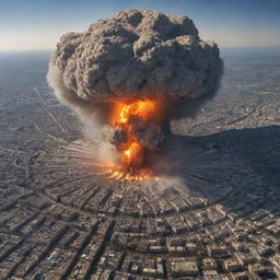 The once bustling city is dramatically transformed as a 100-meter meteor strikes, causing a mammoth explosion stretching across a 1000-kilometer radius. Shockwaves are visible emanating from the epicenter of the city.