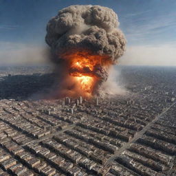 The once bustling city is dramatically transformed as a 100-meter meteor strikes, causing a mammoth explosion stretching across a 1000-kilometer radius. Shockwaves are visible emanating from the epicenter of the city.