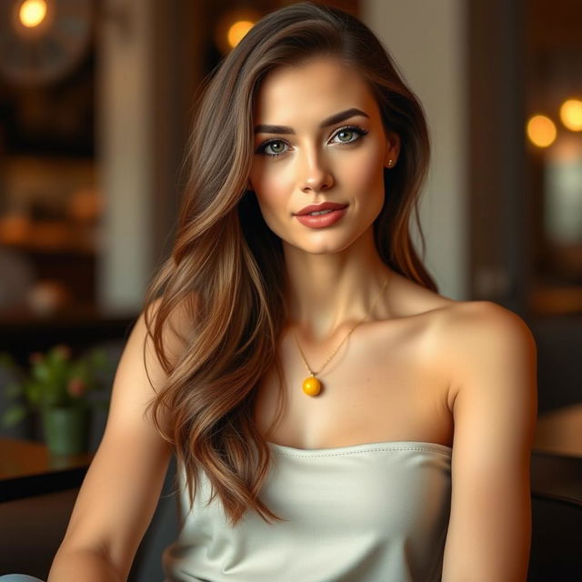 A beautiful woman wearing a simple yellow necklace, elegant and chic, sitting in a relaxed pose