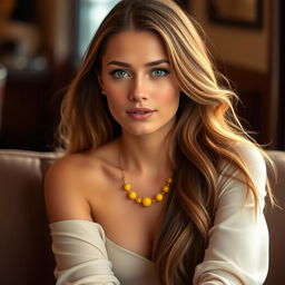 A beautiful woman wearing a simple yellow necklace, elegant and chic, sitting in a relaxed pose