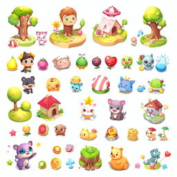 A collection of colorful 2D assets for a casual game, featuring cute cartoon characters, vibrant landscapes, playful animals, and engaging objects like fruits, candy, and playful environments