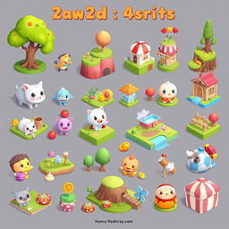 A collection of colorful 2D assets for a casual game, featuring cute cartoon characters, vibrant landscapes, playful animals, and engaging objects like fruits, candy, and playful environments