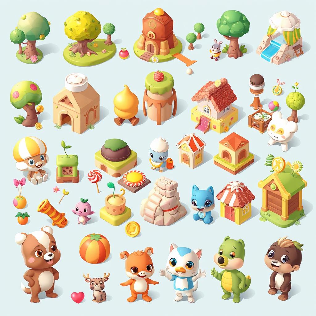 A collection of colorful 2D assets for a casual game, featuring cute cartoon characters, vibrant landscapes, playful animals, and engaging objects like fruits, candy, and playful environments