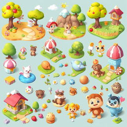A collection of colorful 2D assets for a casual game, featuring cute cartoon characters, vibrant landscapes, playful animals, and engaging objects like fruits, candy, and playful environments