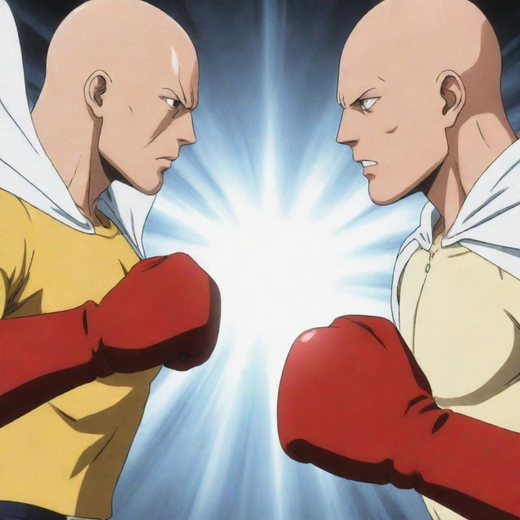 An anime-style scene with a bald superhero in a yellow shirt, red gloves, and white cloak, coming face-to-face with Saitama. Both are showcasing their one punch power, creating a tension-filled encounter.