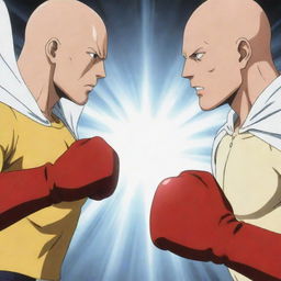 An anime-style scene with a bald superhero in a yellow shirt, red gloves, and white cloak, coming face-to-face with Saitama. Both are showcasing their one punch power, creating a tension-filled encounter.