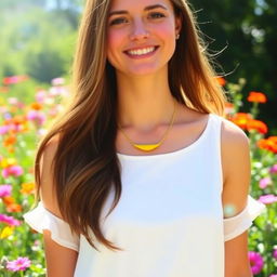 A beautiful woman wearing a simple yellow necklace, standing in a sunlit outdoor setting