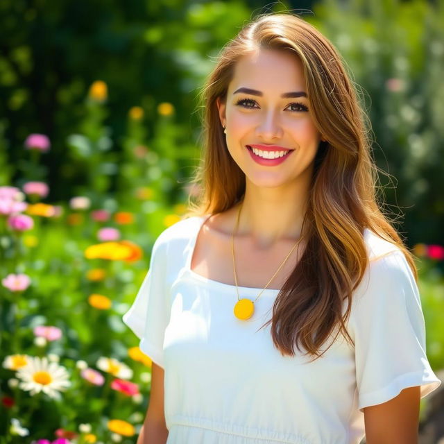 A beautiful woman wearing a simple yellow necklace, standing in a sunlit outdoor setting