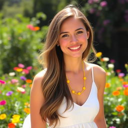 A beautiful woman wearing a simple yellow necklace, standing in a sunlit outdoor setting