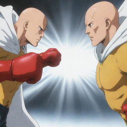 An anime-style scene with a bald superhero in a yellow shirt, red gloves, and white cloak, coming face-to-face with Saitama. Both are showcasing their one punch power, creating a tension-filled encounter.