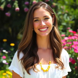 A beautiful woman wearing a simple yellow necklace, standing in a sunlit outdoor setting