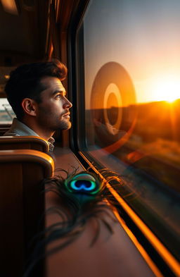 A man with thoughtful expression looking out of a train window during the evening, golden sunset casting warm light