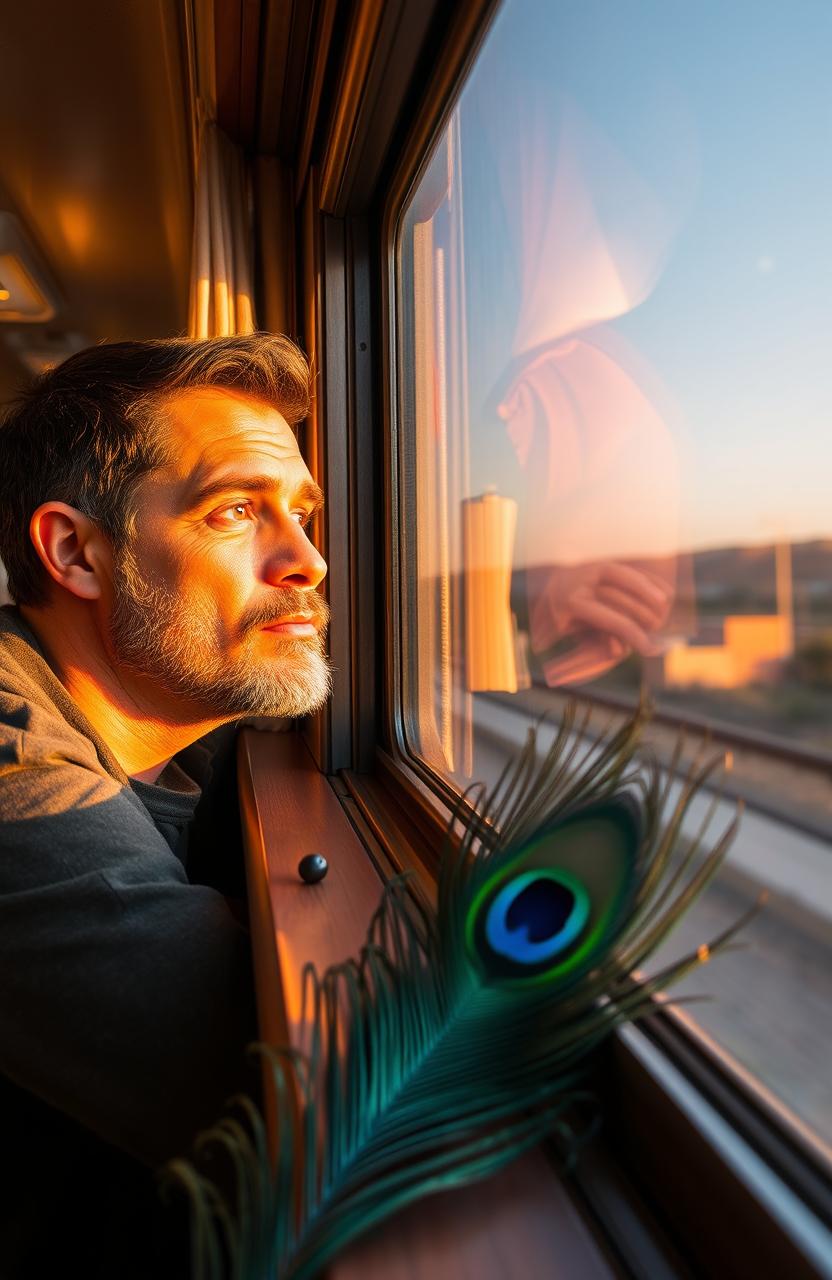 A man with thoughtful expression looking out of a train window during the evening, golden sunset casting warm light