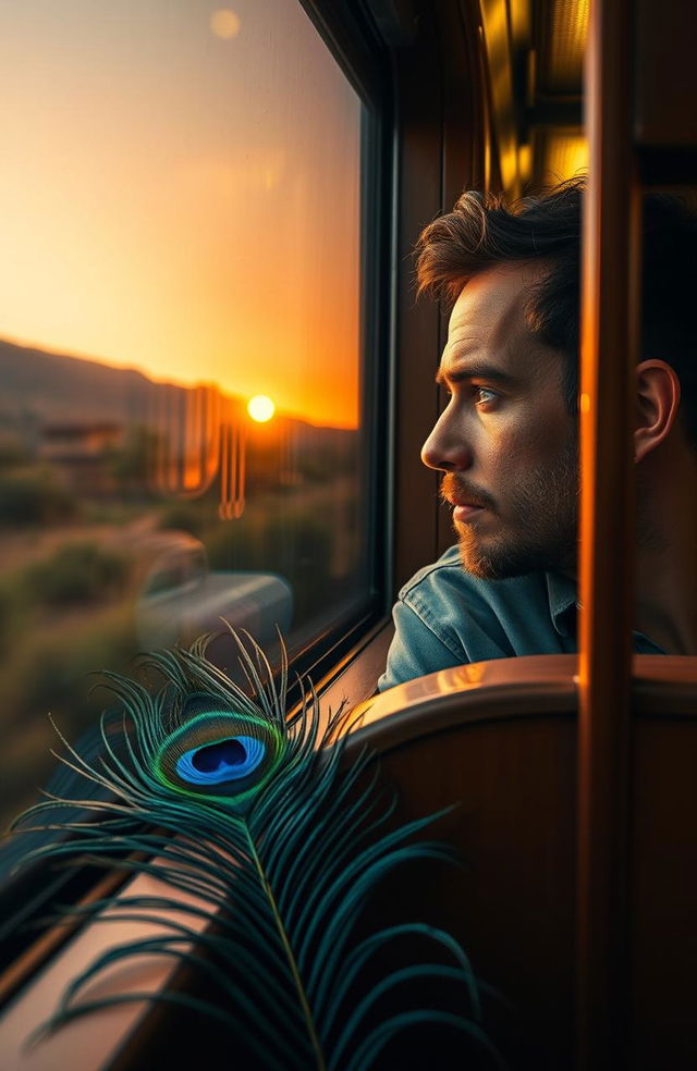 A man with thoughtful expression looking out of a train window during the evening, golden sunset casting warm light