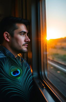 A man with thoughtful expression looking out of a train window during the evening, golden sunset casting warm light