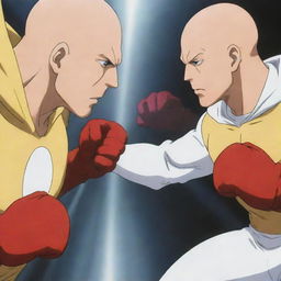 An anime-style scene with a bald superhero in a yellow shirt, red gloves, and white cloak, coming face-to-face with Saitama. Both are showcasing their one punch power, creating a tension-filled encounter.