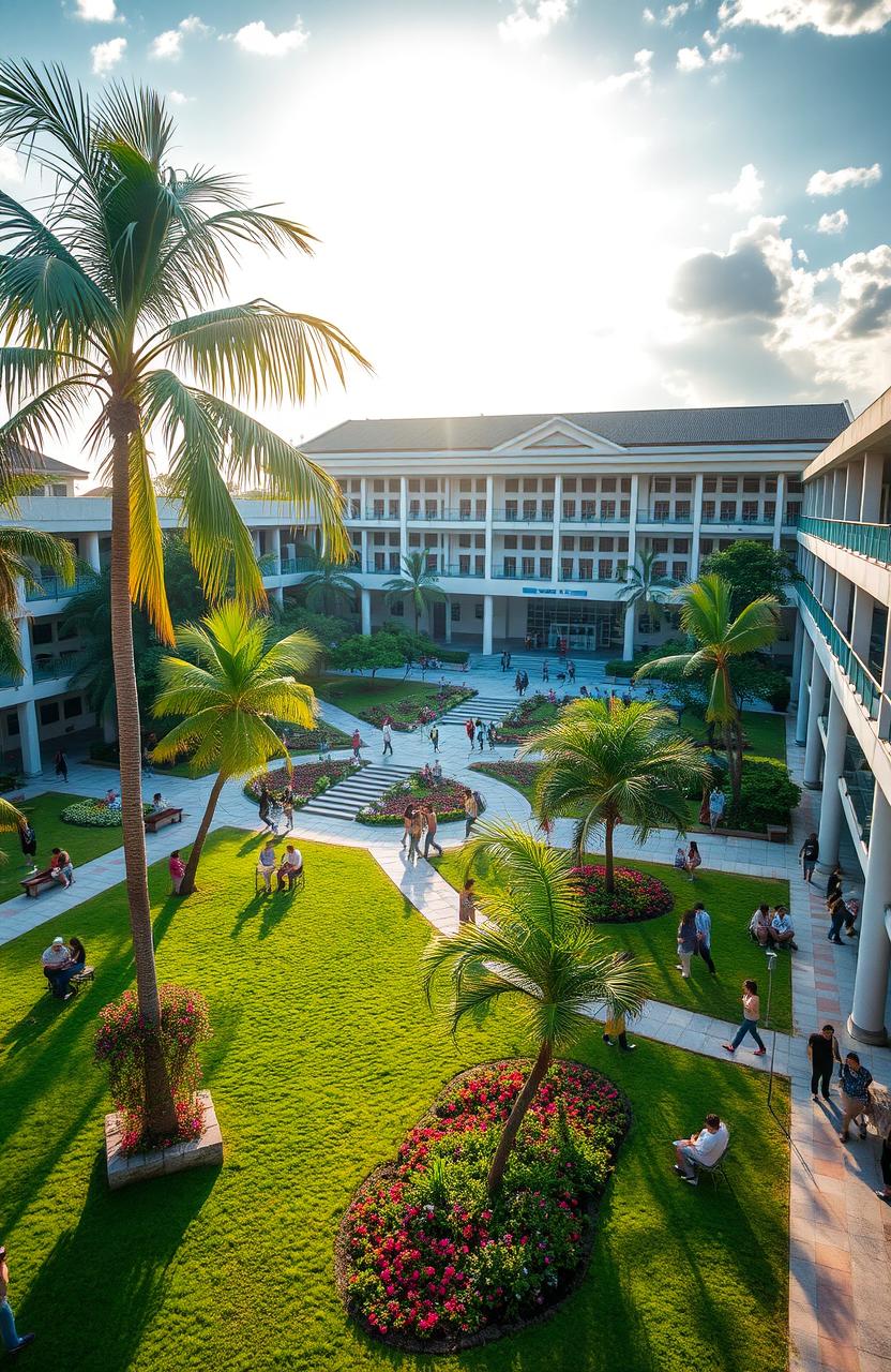 An overview of a picturesque college university in the Philippines, showcasing a vibrant campus filled with lush greenery, modern architecture, and diverse students engaging in various activities