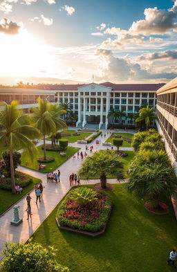 An overview of a picturesque college university in the Philippines, showcasing a vibrant campus filled with lush greenery, modern architecture, and diverse students engaging in various activities