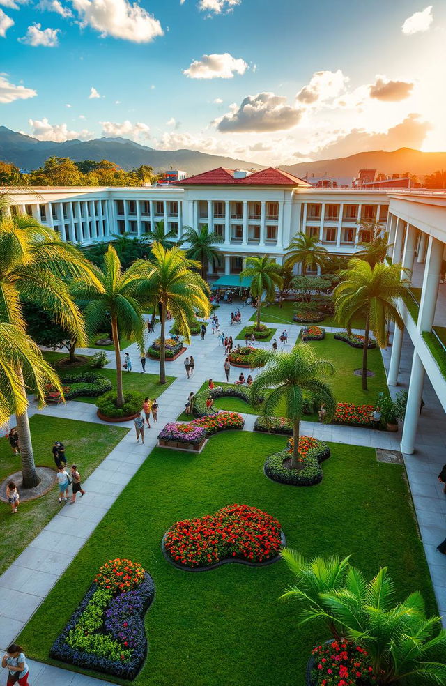 An overview of a picturesque college university in the Philippines, showcasing a vibrant campus filled with lush greenery, modern architecture, and diverse students engaging in various activities